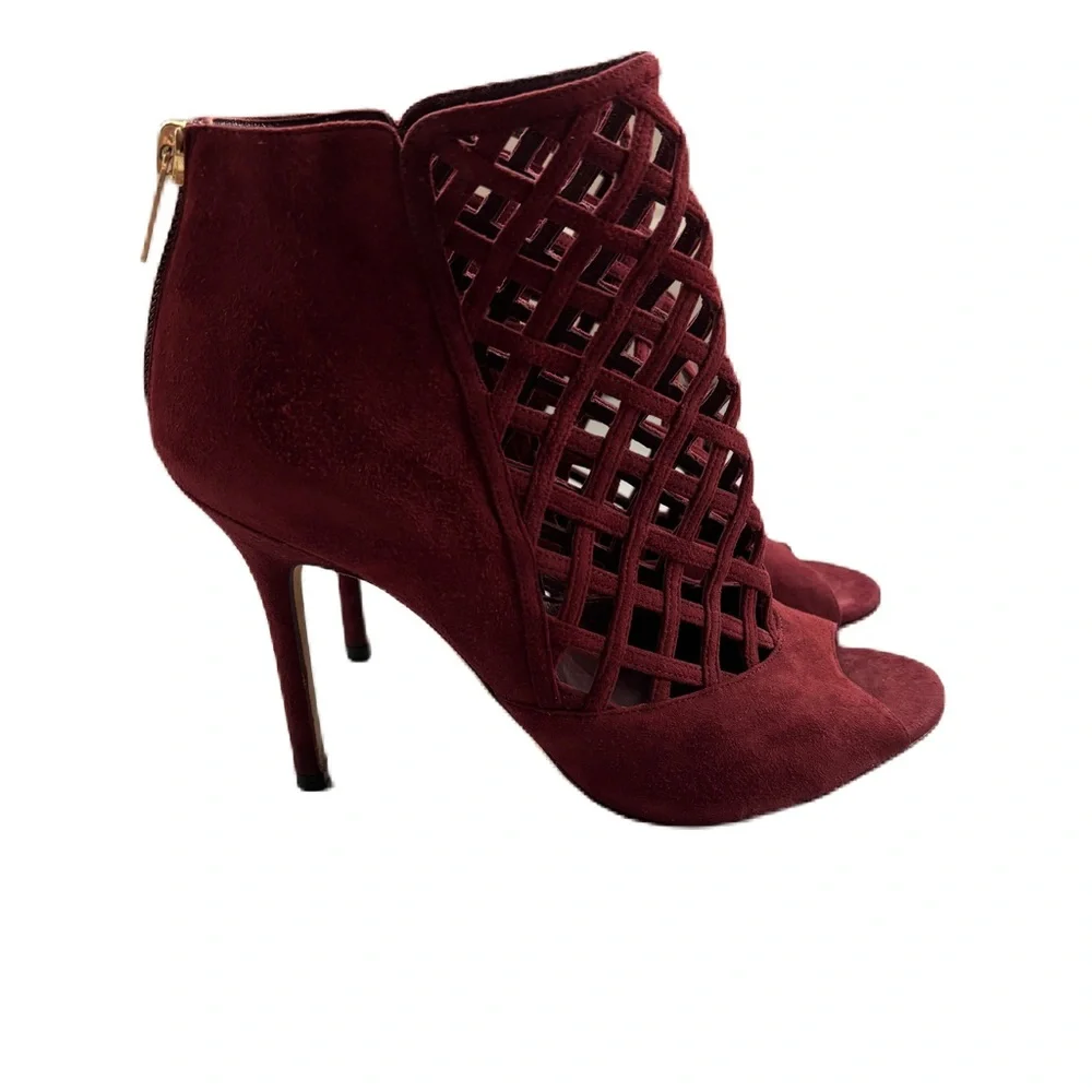 Jimmy Choo Claret Suede Drift Cutout Stiletto Heels Caged‎ Size 38.5 Size 38 1/2